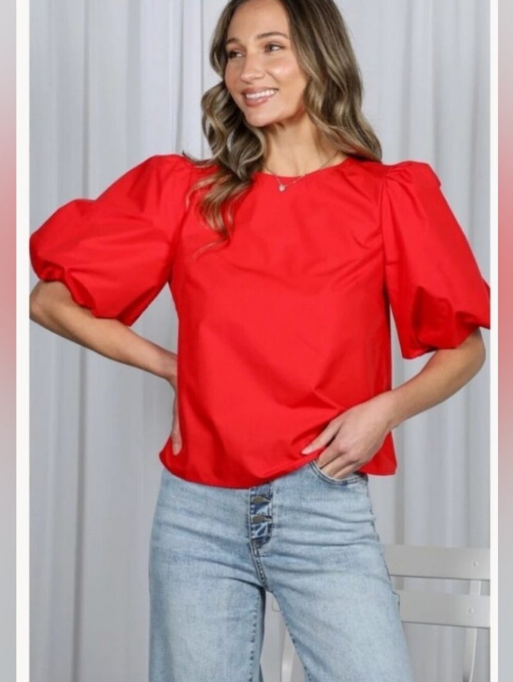 Like New! Retro Chic Puff Balloon Sleeve Top W/ Bow Tie Back- Red